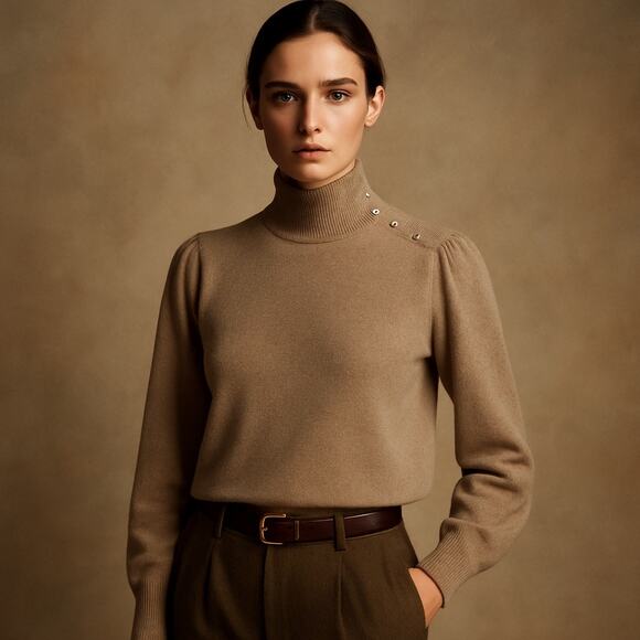 Vintage Lord & Taylor Cashmere Sweater Womens L Beige Mock Neck Button Shoulder - Picture 1 of 7